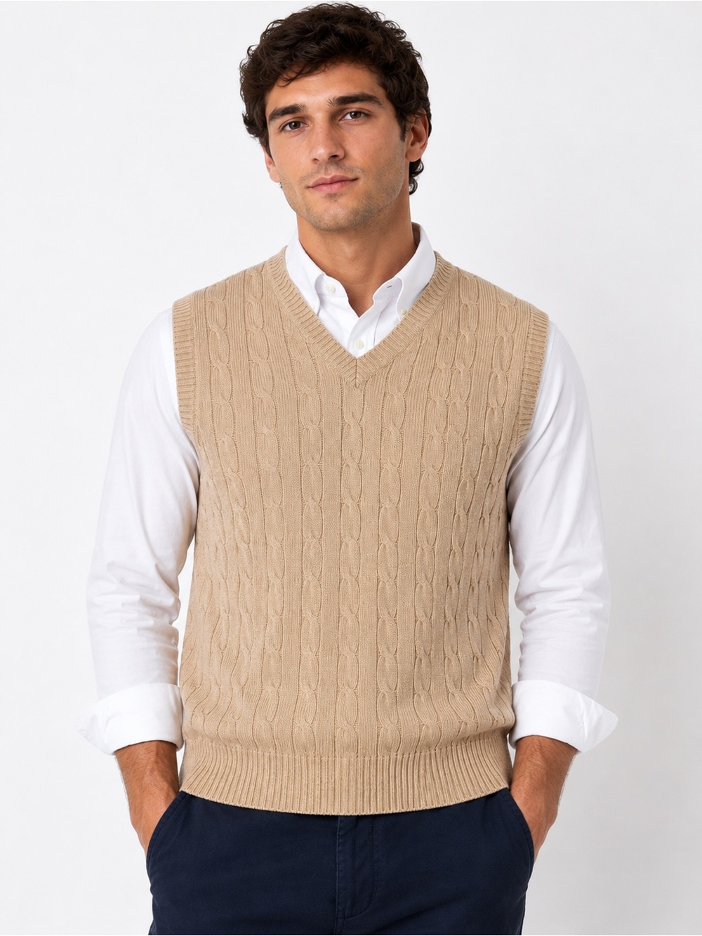 Club Room Men’s Large Beige Cable Knit Sweater Vest V-Neck 100% Cotton Preppy